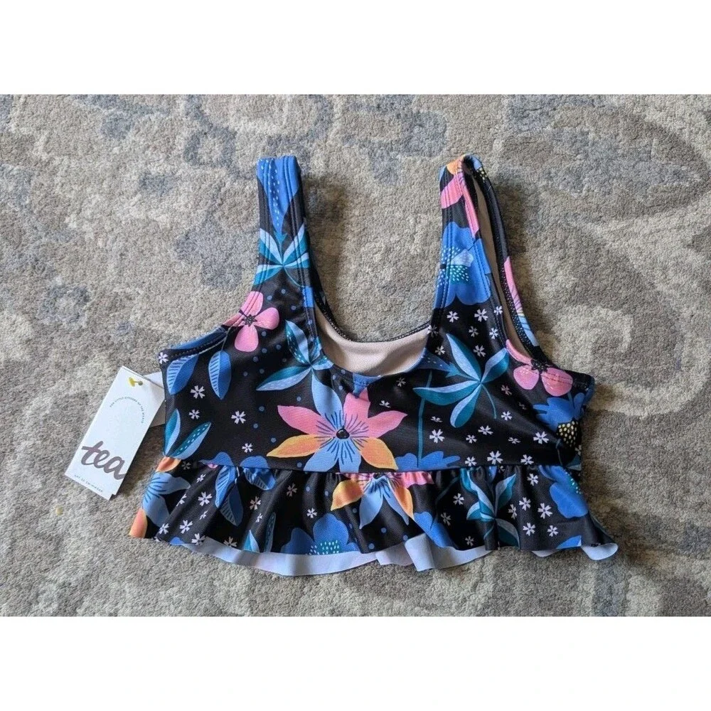 Tea Collection Bikini Top Girls Size 10 Ruffled Blk Swim Beach Hawaiian Floral